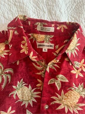 Vintage Pierre Cardin Red Pineapple Print Cotton Hawaiian Camp Shirt - XL